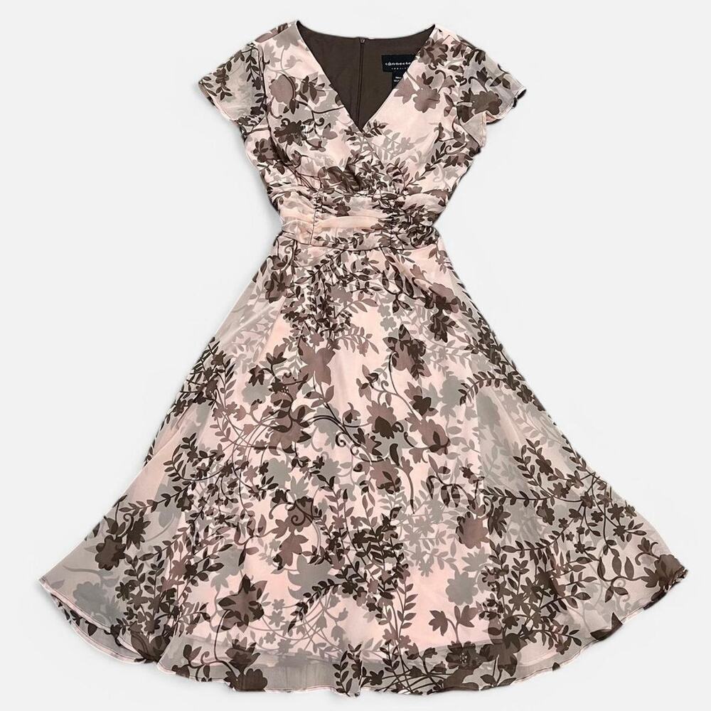 VTG Y2K Connected Apparel Peachy Pink & Brown Floral Chiffon Fairy Midi Dress 6
